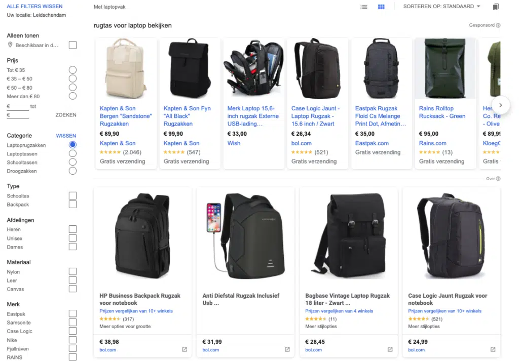 Zoekresultaten gratis Google Shopping